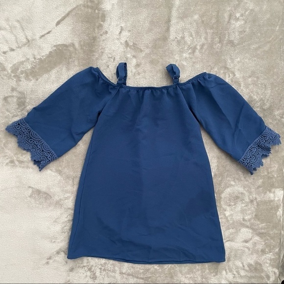 Amy's Closet Cold Shoulder Crochet Trim Sleeves Blue Boho Spanish Style Dress 7 - Picture 2 of 7